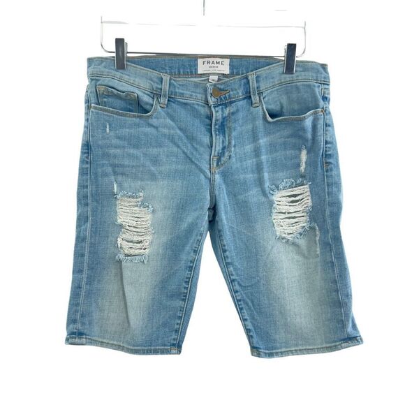 FRAME Le Grand Garcon Blue Denim Distressed Cut Off Bermuda Shorts Size 28 - Picture 2 of 13